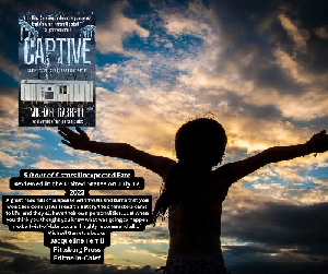 Promo image for CAPTIVE, a Christian suspense book, with a review and silhouette from behind of a young girl, arms open wide