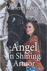 Cover of Christian romantic suspense book 'Angel in Shining,' a dark-haired woman standing beside a black horse in a snowy forest