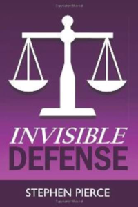 Cover of Christian thriller book "Invisible Defense." A white silhouette of the scales of justice is centered against a purple gradient background, symbolizing fairness and legal balance.