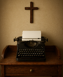 Vintage typewriter on wooden desk with blank paper, beneath a simple wooden cross on beige wall. Classic writing setup.