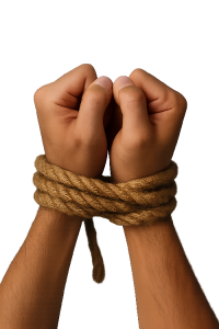 Two hands bound tightly with thick brown rope at the wrists indicating crime and suspense
