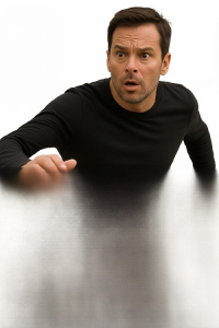 White male in dark shirt fleeing from something