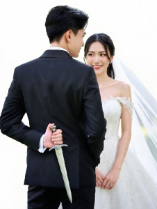 Bride with groom concealing a dagger signifying romance with mystery and suspense