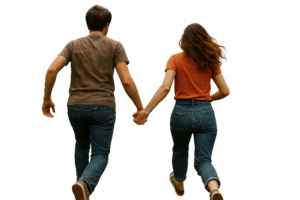 Young man and woman hand in hand running from something, representing fear and danger