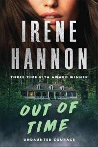 Christian suspense author Irene Hannon's book cover of OUT OF TIME, with the title in all caps below a one-level house
