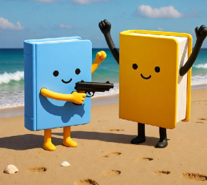 Two cartoon books on the shore, one holding a gun on the other, representing beach reads