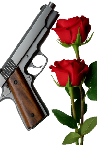 A handgun with two red roses symbolic of romantic suspense