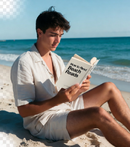 Young man on the beach reading a beach reads book