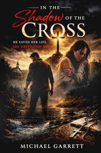 A man stands ankle deep in a stream at dusk, holding a handgun and staring forward with grim determination. Behind him on a hill, a large glowing cross illuminates the dark landscape. To the right, a distressed woman with blood on her arm looks off to the side, her expression tense.