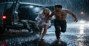 Suspenseful scene from new Christian thriller In the Shadow of the Cross featuring a desperate man and woman fleeing from a van with a man's legs hanging outside