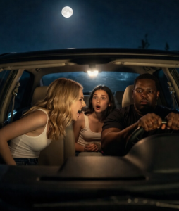 Scene from new Christian suspense book with three people in a car at night. The driver grips the steering wheel. The front passenger is shouting while the rear passenger looks startled. 