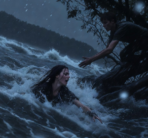 Suspenseful night scene depicting a man saving a woman from raging water