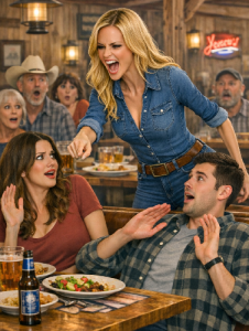 A suspense-filled dining scene with a standing blonde female screaming at a seated young couple