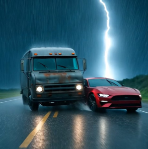 Scene from In the Shadow of the Cross wherein a cargo van runs a red sports car off the road