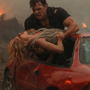 Scene from new Christian suspense book with a man lifting a beautiful unconscious woman from a wrecked red car. 
