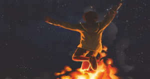 A man leaping upward from bright orange flames into a star‑filled night sky, symbolizing danger, transformation, and spiritual intensity