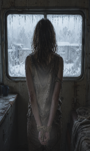 Scene from Christian suspense book CAPTIVE with a tattered and bound young woman looking through an icy window