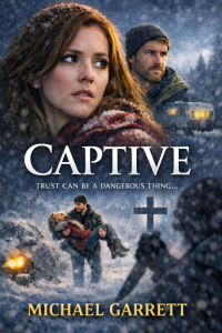 Cover of Christian suspense book CAPTIVE with a female looking toward a male in a snowy landscape outside of a small trailer