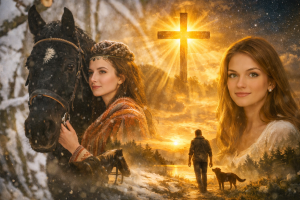 Collage of Christian romantic suspense book covers with a glowing cross in the sky above blended scenes of a snowy forest with a horse and figure, a warmly lit woman, and a person walking with a dog toward a sunset horizon, symbolizing faith, mystery, and emotional depth.