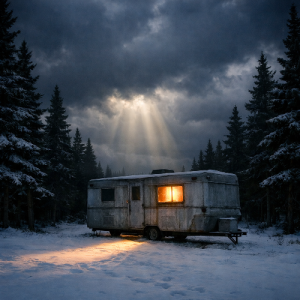 Suspenseful snow-bound trailer with a candlelit window and a beam of light shing through the clouds